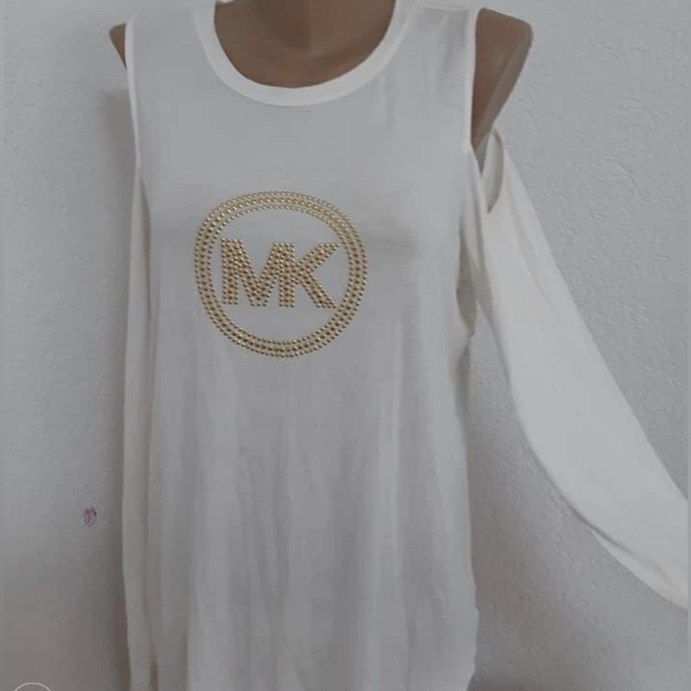 Michael Kors White Cold-Shoulder Long Sleeve Top with Gold MK Emblem Size L NWT
